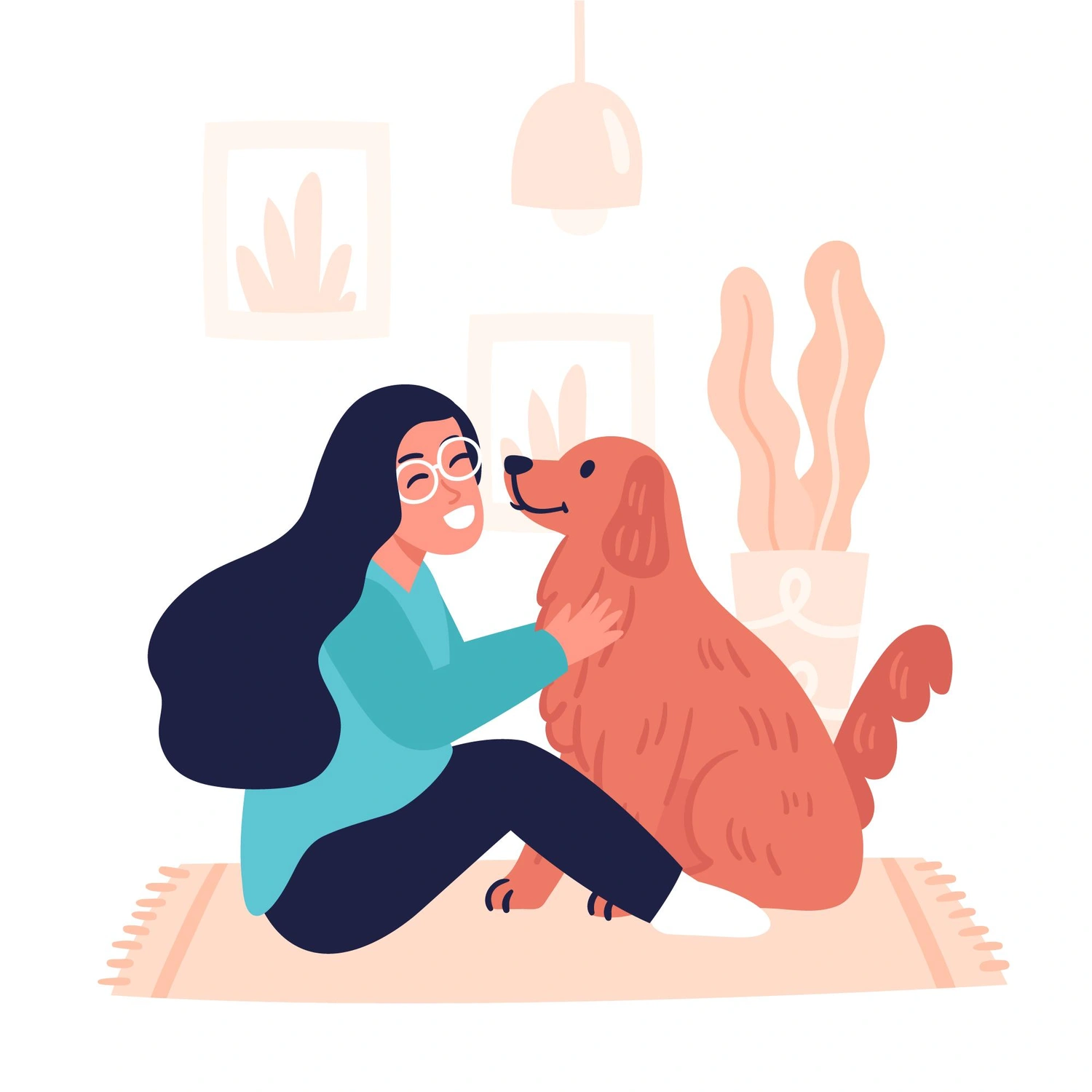 Pfotenfitness by Andrea Wirth – Hundefitness – Das Bild einer lächelnden Frau, die im Schneidersitz sitzt und ihren treuen Beagle in einem sonnendurchfluteten Zimmer liebevoll anblickt.
